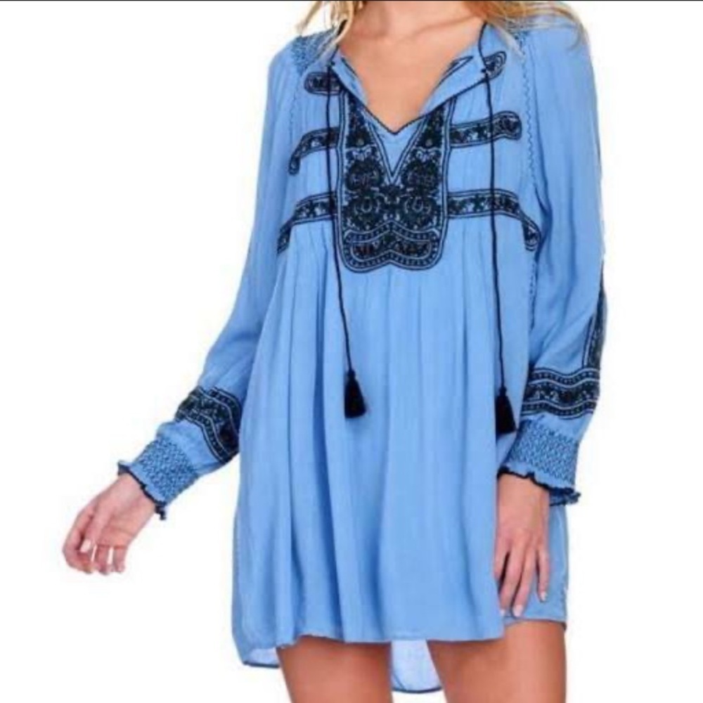 Free People wind willow Blue Long Sleeve boho peasant Dress 2771